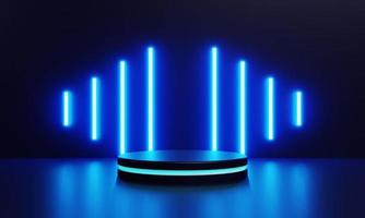 Modern product showcase sci-fi podium with blue glowing light neon background. Technology and object concept. 3D illustration rendering photo