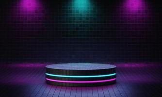 Cyberpunk product podium platform studio with blue and violet spotlight and grunge style textured background. Retro stage and Futuristics scene concept. 3D illustration rendering graphic photo