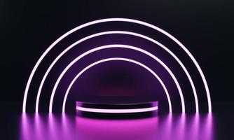 Modern round product showcase sci-fi podium with pink glowing light neon ring frame background. Technology and object concept. 3D illustration rendering photo