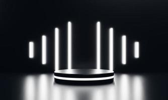 Modern product showcase sci-fi podium with white glowing light neon background. Technology and object concept. 3D illustration rendering photo