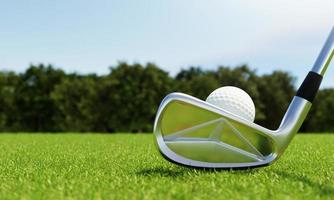 pelota de golf en tee y club de golf con fondo verde de calle. concepto deportivo y atlético. representación de ilustración 3d