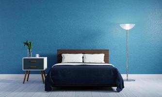 Blue bedroom with bed lamp. Interior and Architecture concept. 3D illustration rendering photo