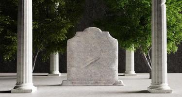 Realistic mockup of gravestone headstone tombstone with Corinthian columns and trees background. Memorial day and historical concept. 3D illustration rendering photo