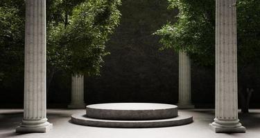 plataforma redonda de piedra con pilares corintios y árboles naturales con fondo de sombra. objeto histórico y emblemático para el concepto publicitario. representación de ilustración 3d foto
