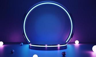 Cyberpunktwo tone color pink glowing lamp and blue empty podium for product presentation. Technology and Sci-fi concept. 3D illustration rendering photo