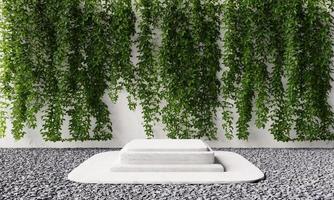 Rectangle stone podium platform with natural green vine creeper in backyard garden with shadow background. Nature and object for advertising concept. 3D illustration rendering photo