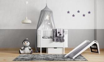 Habitación infantil con fondo de pared de color morado oscuro y gris negro. concepto de guardería interior y habitación infantil. representación de ilustración 3d foto