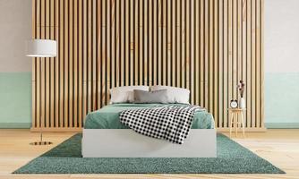 dormitorio verde con suelo de madera y tabique y fondo de hormigón en bruto de color verde blanco. concepto de interiorismo y arquitectura. representación de ilustración 3d