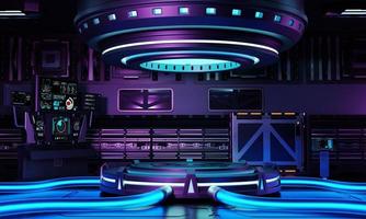 Exhibición de podio de productos de ciencia ficción cyberpunk en nave espacial con fondo azul púrpura y rosa. tecnología y concepto de objeto. representación de ilustración 3d foto