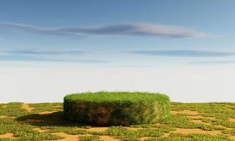 Grassy podium with cloudy blue sky background. Nature and abstract object for product presentation advertising concept. 3D illustration rendering photo