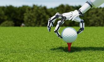 brazo robótico poniendo una pelota de golf en el tee como caddie o jugador con fondo verde de calle. concepto deportivo atlético y tecnológico. representación de ilustración 3d foto