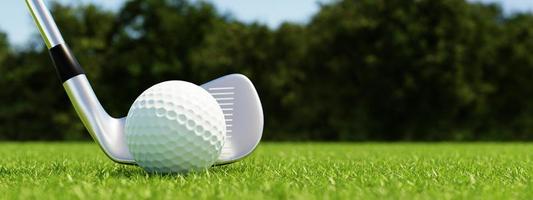 Golf ball and golf club with fairway green background. Sport and athletic concept. 3D illustration rendering photo