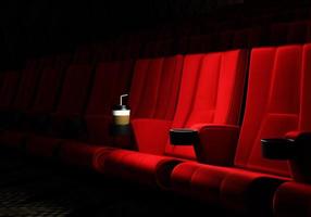 Rows of red velvet seats watching movies in the cinema with copy space banner background. Entertainment and Theater concept. 3D illustration rendering