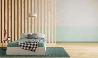 dormitorio verde con suelo de madera y tabique y fondo de hormigón en bruto de color verde blanco. concepto de interiorismo y arquitectura. representación de ilustración 3d