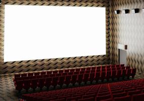 pantalla de cine luminosa blanca en blanco con filas rojas realistas de asientos y sillas con fondo de espacio de copia vacío. estreno de la película y concepto de entretenimiento. representación de ilustración 3d