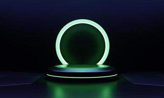 Modern round product showcase sci-fi podium with green glowing light neon frame background. Technology and object for advertising template concept. 3D illustration rendering photo