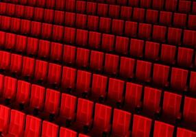 Rows of red velvet seats watching movies in the cinema with copy space banner background. Entertainment and Theater concept. 3D illustration rendering photo