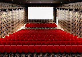 Blank white luminous cinema movie theatre screen with realistic red rows of seats and chairs with empty copy space background. Movie premiere and Entertainment concept. 3D illustration rendering