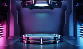 Exhibición de podio de productos de ciencia ficción cyberpunk en una sala de nave espacial vacía con fondo azul y rosa. concepto de objeto de entretenimiento y tecnología espacial cosmos. representación de ilustración 3d