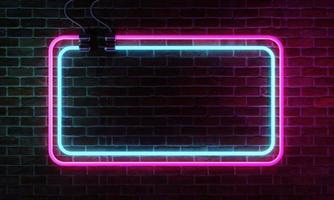 Neon sign banner with copy space on brick wall background. Abstract art and object concept. 3D illustration rendering photo