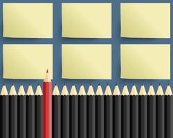 Businesses think of different concepts. Red color pencil among black color pencil with six sticky note. unique and creative. vector