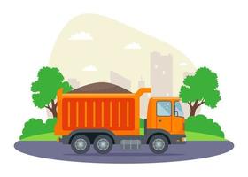 camión naranja con arena va al sitio de construcción. ilustración vectorial plana. vector