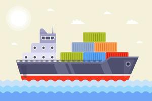 a cargo ship carries containers to the port. flat vector illustration.