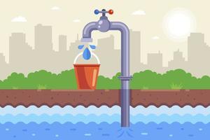 borehole pump pumps water into a bucket. collect drinking water. flat vector illustration.