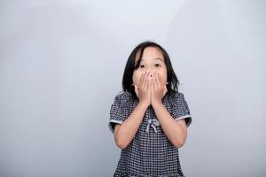 Portrait of a girl with a shocked expression covering her mouth with both hand photo