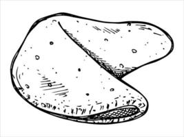 galleta de la fortuna china dibujada a mano vectorial. ilustración de comida galleta crujiente con un papel en blanco dentro. para impresión, web, diseño, decoración, logotipo. vector