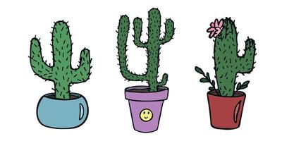 conjunto de lindos cactus simples dibujados a mano. planta de interior en una maceta clipart. ilustración de cactus garabato hogareño acogedor. vector