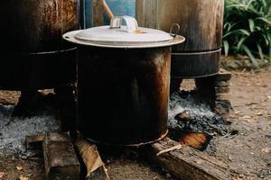 Large pot of boiling in a manual stove photo