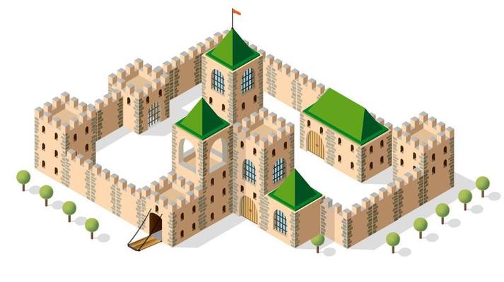 Medieval fortress fort. Isometric view vintage medieval fortress fort