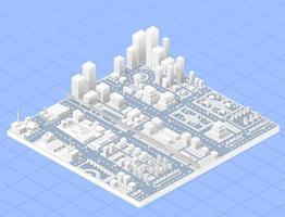 centro isométrico vectorial de la ciudad en el mapa con un gran número de edificios, rascacielos, fábricas, parques y vehículos. vista isométrica de un gran negocio de la ciudad moderna. vector