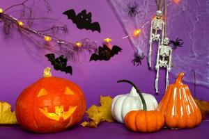 Halloween backgrounds of Jack lantern pumpkin, spider web, skeleton on a rope, spiders and black bats on a purple background with terrible scenery. Horror and a scary holiday with copy space