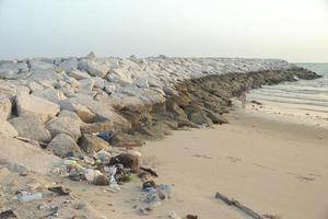 bolsas de plástico en las playas de arena son causadas por la acción humana. suciedad del mar y el peligro de la basura para los animales acuáticos