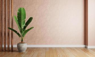 Banana plant pot in the red coral color living room with raw concrete wall background. Interior and Architecture concept. 3D illustration rendering photo