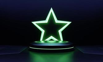 Modern products showcase sci-fi podium with green glowing light neon star shape background. Technology and object concept. 3D illustration rendering photo