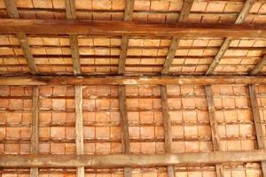 Thai style under roof of ancient building, brown wood construction and roof tiles of under roof, Thailand. photo