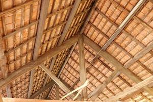 estilo tailandés bajo el techo de un edificio antiguo, construcción de madera marrón y tejas bajo techo, tailandia. foto