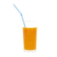 a glass of pumpkin juice with blue straw isolated on white photo