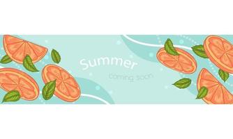 Summer banner with fresh oranges. Horizontal flyer. Top of site. Vector illustration. Cartoon style.