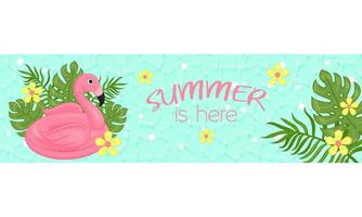 Summer banner with flamingo, tropical leaves and flowers. Horizontal flyer. Top of site. Vector illustration. Cartoon style.