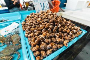 mercado de pescado en krabi, mariscos crudos en un mercado cerca del mar tropical foto