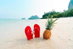 Summer beach vacation with pineapples and flip flops on the beach photo