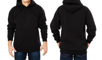 Conjunto de sudadera con capucha para hombre, vista frontal y trasera con capucha negra, maqueta de capucha. espacio de copia vacío con capucha masculina. fondo delantero y trasero foto