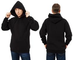 Man hoody set, black hoody front and back view, hood mock up. Empty male hoody copy space. Front and rear background photo