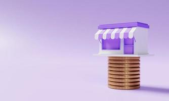 Supermarket store on stacking golden coins on purple background. Financial and economic concept. 3D illustration rendering photo