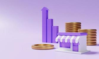Supermarket store and stacking golden coins with rising profit bar graph on purple background with copy space. Financial business startup owner and economic concept. 3D illustration rendering photo