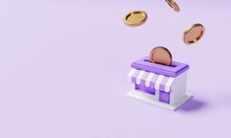 Supermarket store with dropping golden coins on purple background. Financial money savings and economic concept. 3D illustration rendering photo